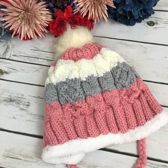 Gray, Pink & White Fleece Lined Beanie with Pom Poms - Picture 11 of 15